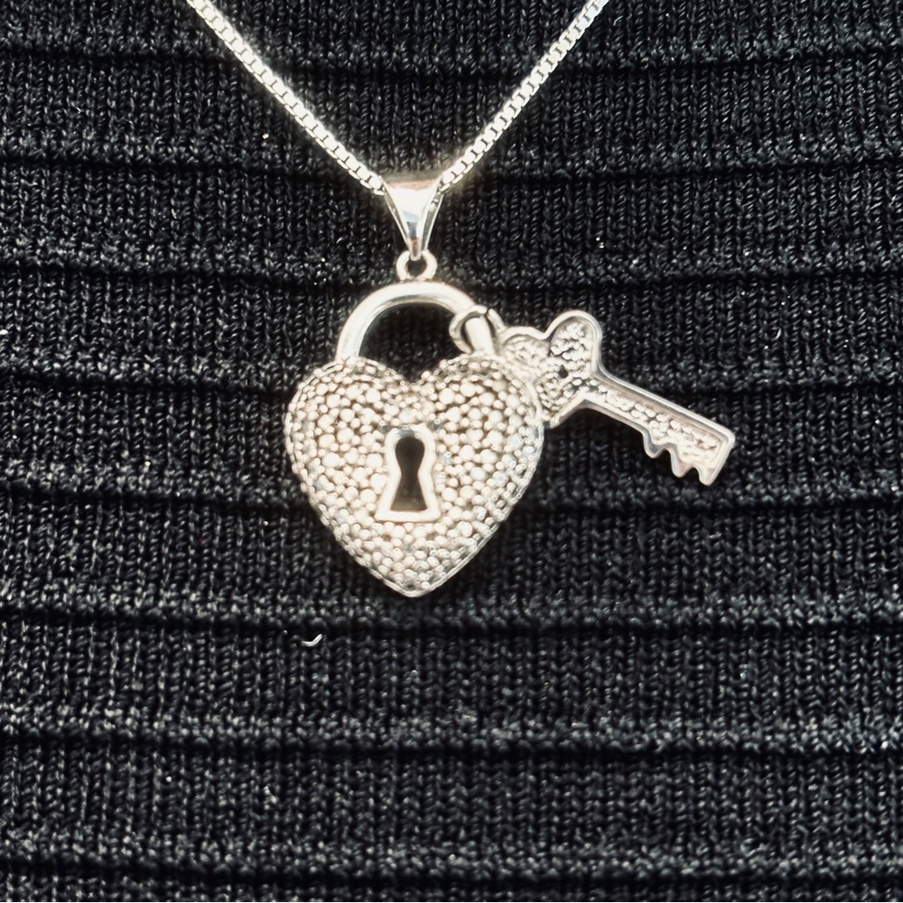 Delicate Sterling Silver Heart Lock and Key Pendant Necklace